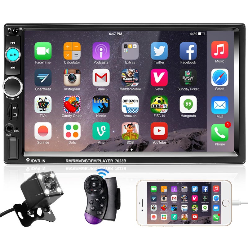 Podofo Double Din Car Stereo Radio 7 Inch Touch Screen Bluetooth Handsfree Mirror Link USB SD FM Audio Receiver with Backup Camera Wireless Steering Wheel Control - Image 1
